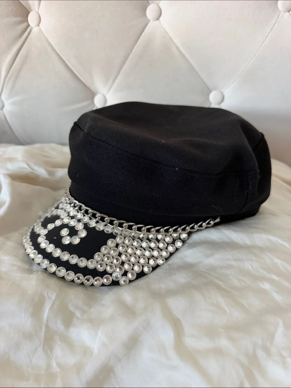 Handmade Black Embellished Rhinestone Sailor Cap - Women's Fashion Accessory